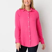 St. John's Bay Womens Roll Tab Long Sleeve Regular Fit Button-Down Shirt