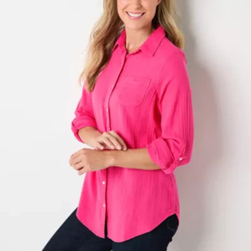 St. John's Bay Womens Roll Tab Long Sleeve Regular Fit Button-Down Shirt