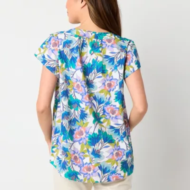 St. John's Bay Womens Split Crew Neck Short Sleeve Blouse