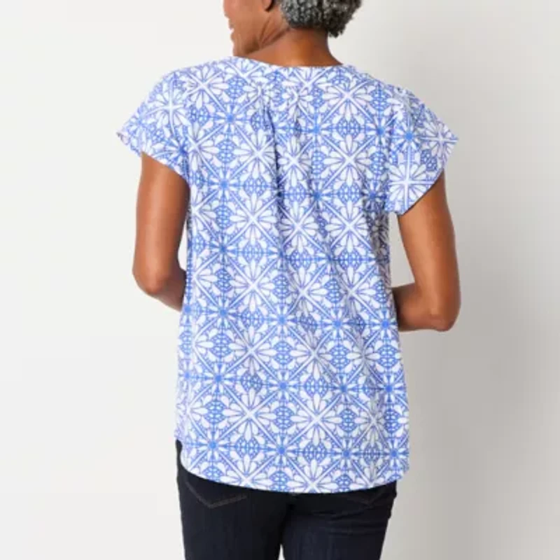 St. John's Bay Womens Split Crew Neck Short Sleeve Blouse