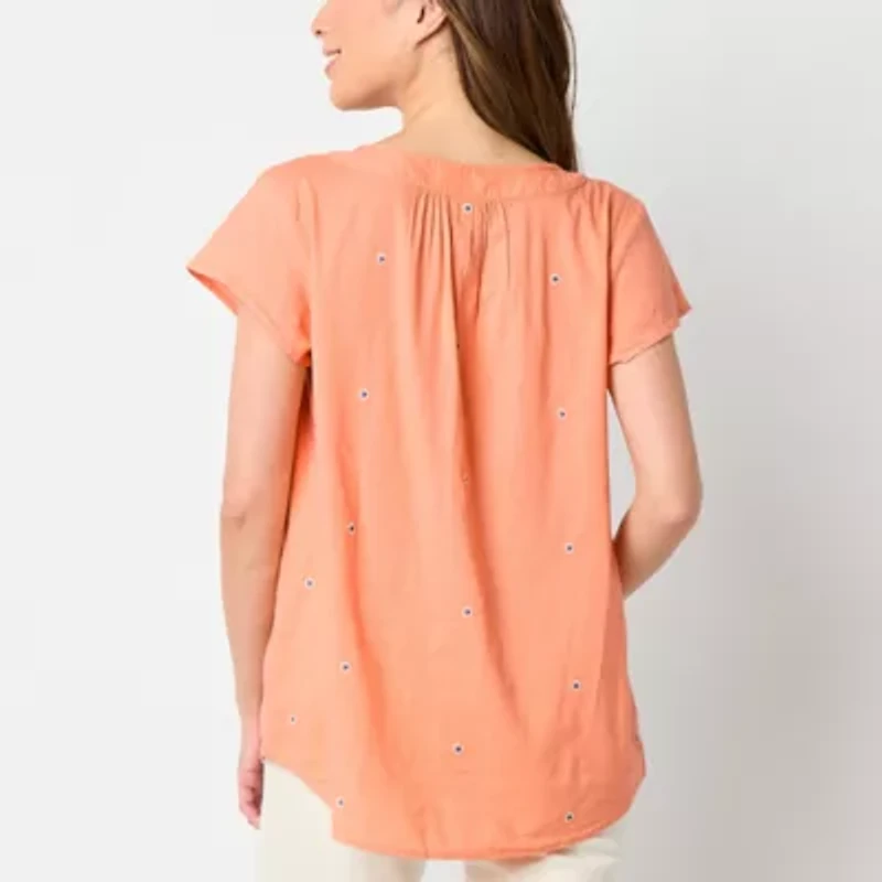 St. John's Bay Womens Split Crew Neck Short Sleeve Blouse