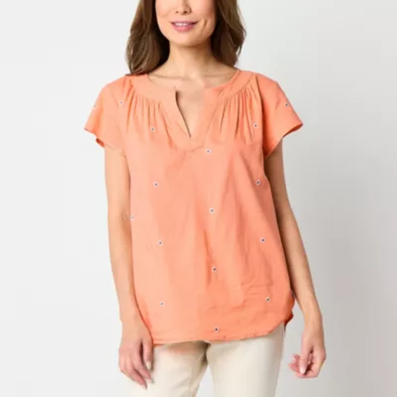 St. John's Bay Womens Split Crew Neck Short Sleeve Blouse