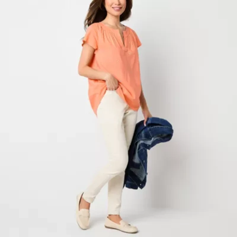 St. John's Bay Womens Split Crew Neck Short Sleeve Blouse