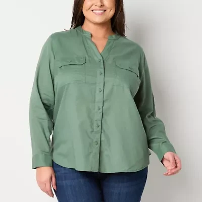 St. John's Bay Womens Plus Hidden Access Opening Y Neck Long Sleeve Cuffed Regular Fit Button-Down Shirt