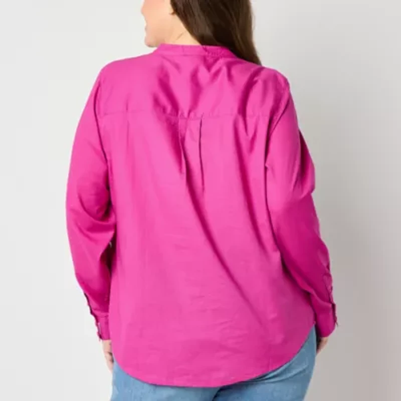 St. John's Bay Womens Hidden Access Opening Y Neck Long Sleeve Cuffed Sleeve Regular Fit Plus Button-Down Shirt