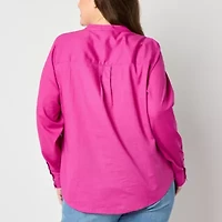 St. John's Bay Womens Hidden Access Opening Y Neck Long Sleeve Cuffed Sleeve Regular Fit Plus Button-Down Shirt