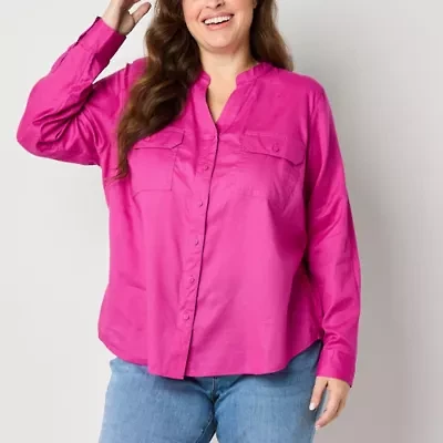 St. John's Bay Womens Hidden Access Opening Y Neck Long Sleeve Cuffed Sleeve Regular Fit Plus Button-Down Shirt