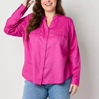 St. John's Bay Womens Hidden Access Opening Y Neck Long Sleeve Cuffed Sleeve Regular Fit Plus Button-Down Shirt