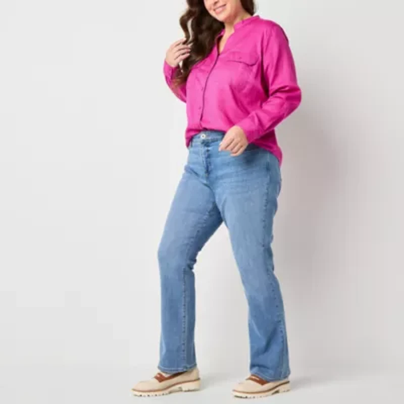 St. John's Bay Womens Hidden Access Opening Y Neck Long Sleeve Cuffed Sleeve Regular Fit Plus Button-Down Shirt