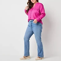 St. John's Bay Womens Hidden Access Opening Y Neck Long Sleeve Cuffed Sleeve Regular Fit Plus Button-Down Shirt