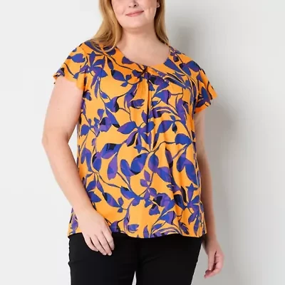 Liz Claiborne Womens Plus Round Neck Short Sleeve Blouse