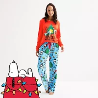 Womens Snoopy Microfleece Crew Neck Long Sleeve 2-pc. Pajama Sets