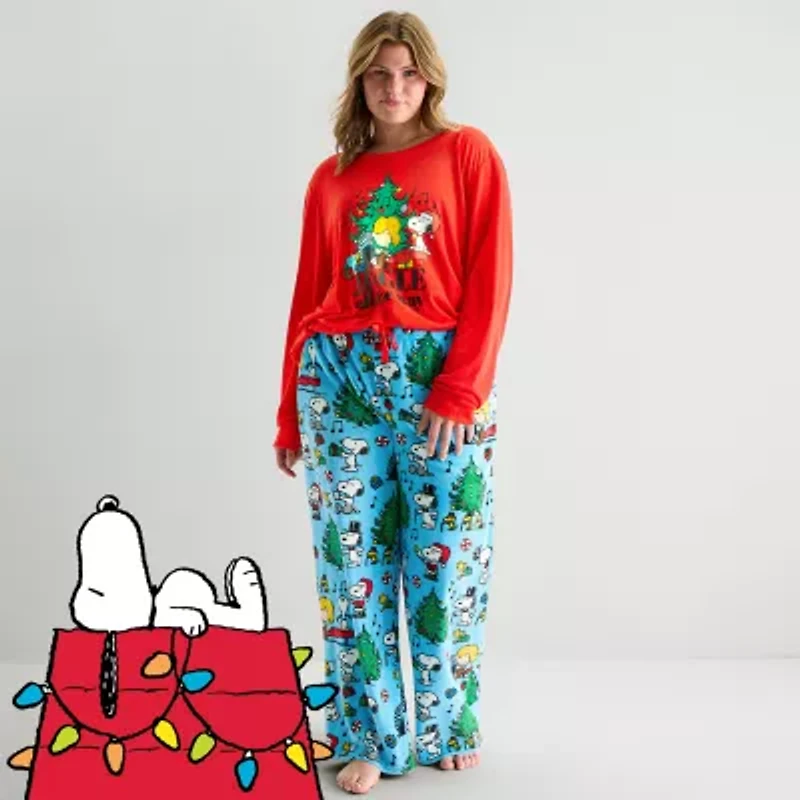 Womens Peanuts Snoopy Microfleece Crew Neck Long Sleeve 2-pc. Matching Family Plus Pajama Sets