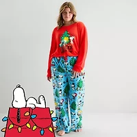 Womens Peanuts Snoopy Microfleece Crew Neck Long Sleeve 2-pc. Matching Family Plus Pajama Sets