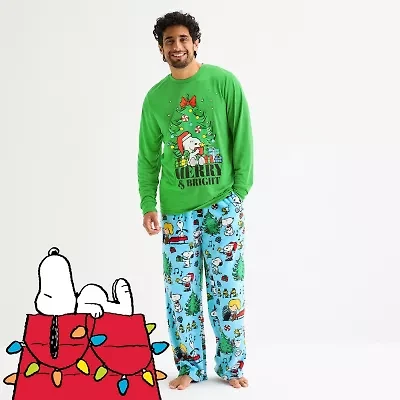 Mens Peanuts Snoopy Microfleece Crew Neck Long Sleeve 2-pc. Matching Family Pajama Sets