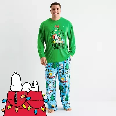 Mens Peanuts Snoopy Microfleece Crew Neck Long Sleeve 2-pc. Matching Family Big Pajama Sets