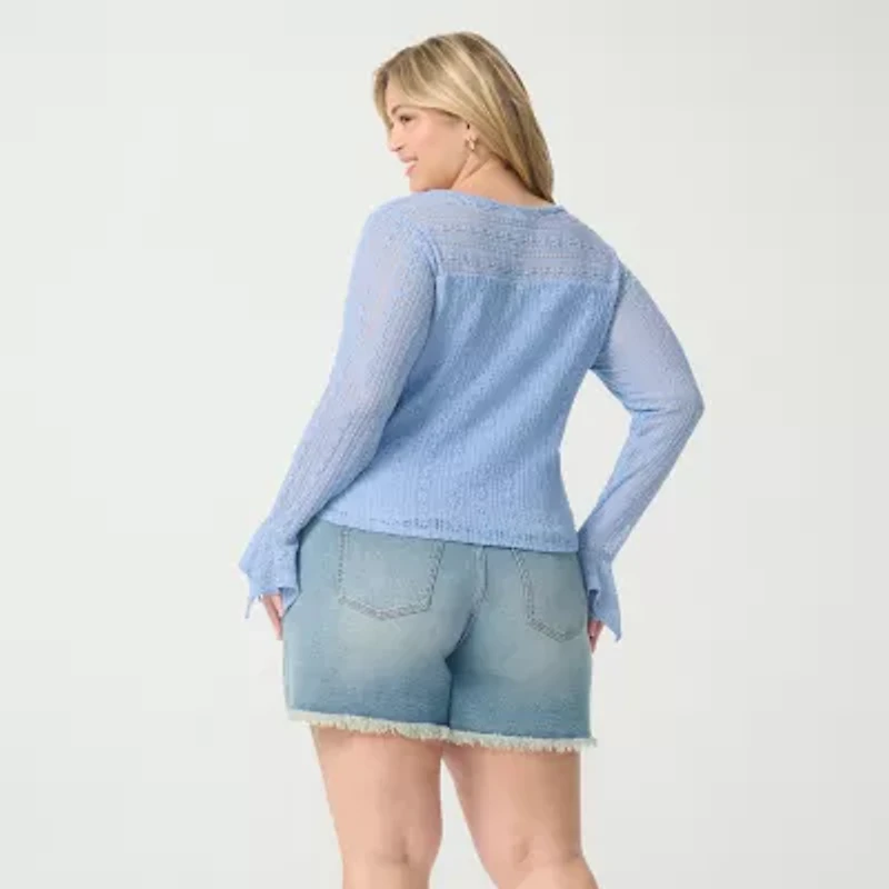 JS Jessica Simpson Womens Plus Split Crew Neck Long Sleeve Lace Blouse