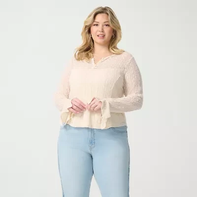 JS Jessica Simpson Womens Plus Split Crew Neck Long Sleeve Lace Blouse