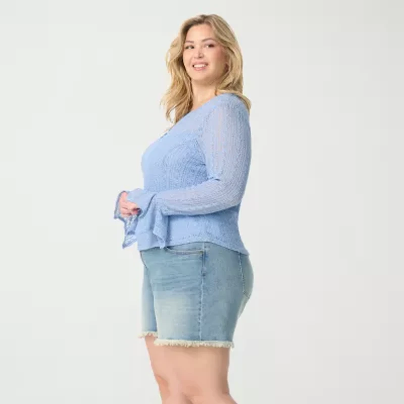 JS Jessica Simpson Womens Plus Split Crew Neck Long Sleeve Lace Blouse