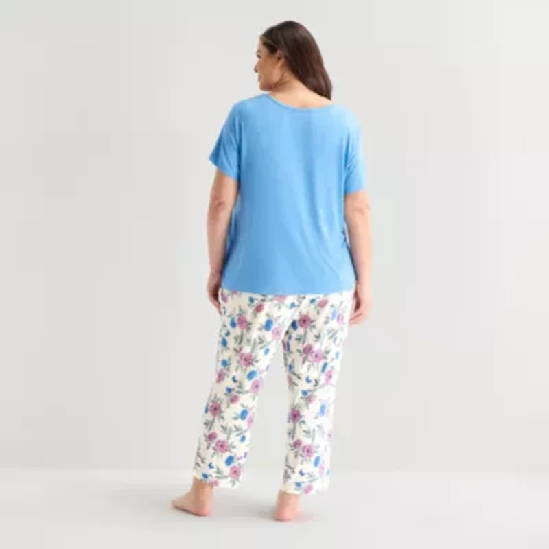 Liz Claiborne Womens V-Neck Short Sleeve 2-pc. Plus Pajama Sets