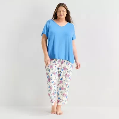 Liz Claiborne Womens V-Neck Short Sleeve 2-pc. Plus Pajama Sets