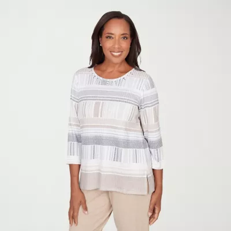 Alfred Dunner Comfort And Joy Womens Crew Neck 3/4 Sleeve T-Shirt