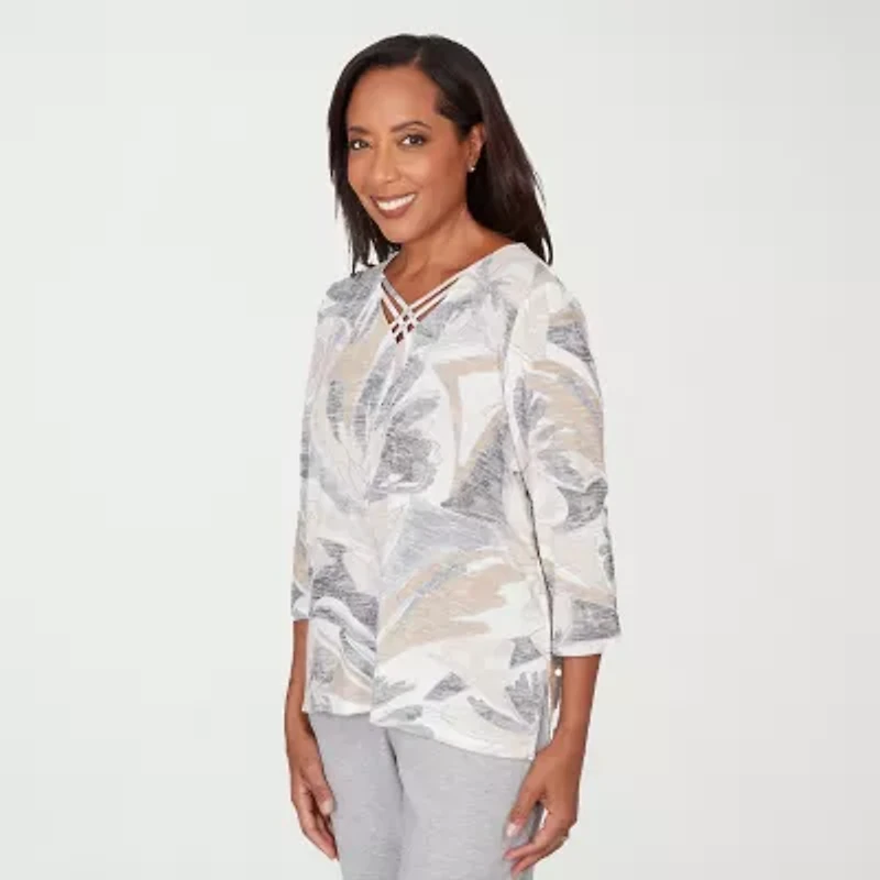 Alfred Dunner Comfort And Joy Womens V Neck 3/4 Sleeve T-Shirt