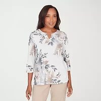 Alfred Dunner Comfort And Joy Womens Split Crew Neck 3/4 Sleeve T-Shirt