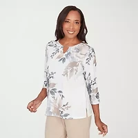 Alfred Dunner Comfort And Joy Womens Split Crew Neck 3/4 Sleeve T-Shirt