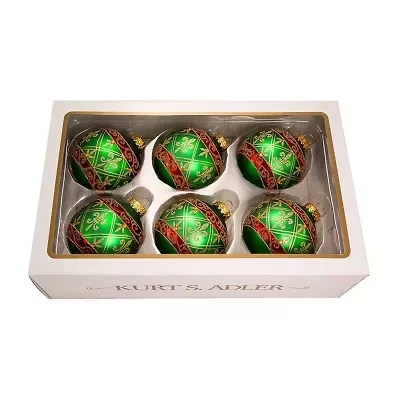 Kurt Adler 80MM Green Glass Ball Ornament With Red And Gold Fleur-De-Lis Design 6-Piece Box