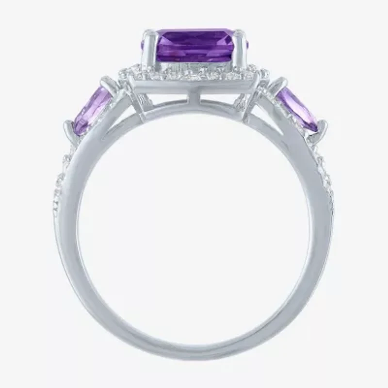 Womens Genuine Purple Amethyst Sterling Silver Cushion Halo Cocktail Ring