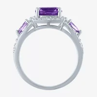 Womens Genuine Purple Amethyst Sterling Silver Cushion Halo Cocktail Ring