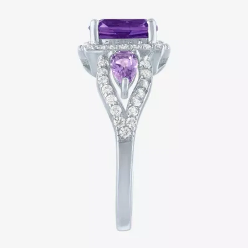 Womens Genuine Purple Amethyst Sterling Silver Cushion Halo Cocktail Ring