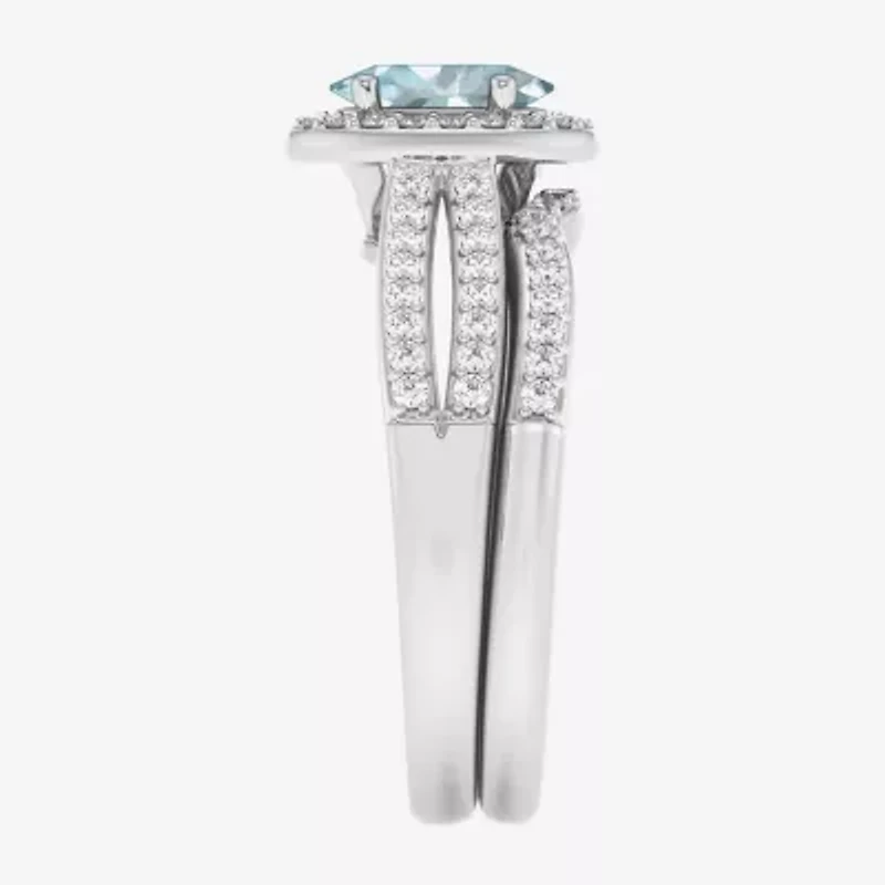 Modern Bride Gemstone Womens 1/2 CT. T.W. Genuine Blue Sapphire 10K White Gold Oval Side Stone Halo Engagement Ring