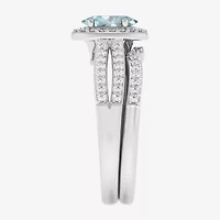 Modern Bride Gemstone Womens 1/2 CT. T.W. Genuine Blue Sapphire 10K White Gold Oval Side Stone Halo Engagement Ring