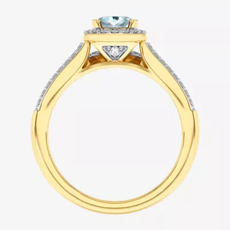 Modern Bride Gemstone Womens 1/2 CT. T.W. Lead Glass-Filled Red Ruby 10K Gold Oval Side Stone Halo Engagement Ring