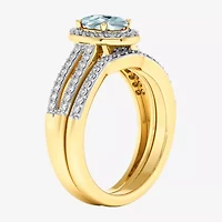 Modern Bride Gemstone Womens 1/2 CT. T.W. Lead Glass-Filled Red Ruby 10K Gold Oval Side Stone Halo Engagement Ring