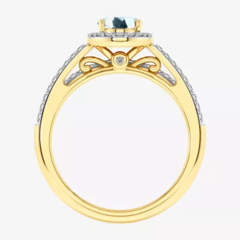 Modern Bride Gemstone Womens 3/8 CT. T.W. Genuine Blue Topaz 10K Gold Oval Side Stone Halo Engagement Ring