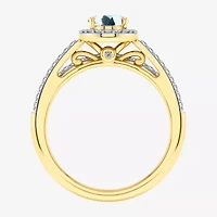 Modern Bride Gemstone Womens 3/8 CT. T.W. Genuine Blue Topaz 10K Gold Oval Side Stone Halo Engagement Ring