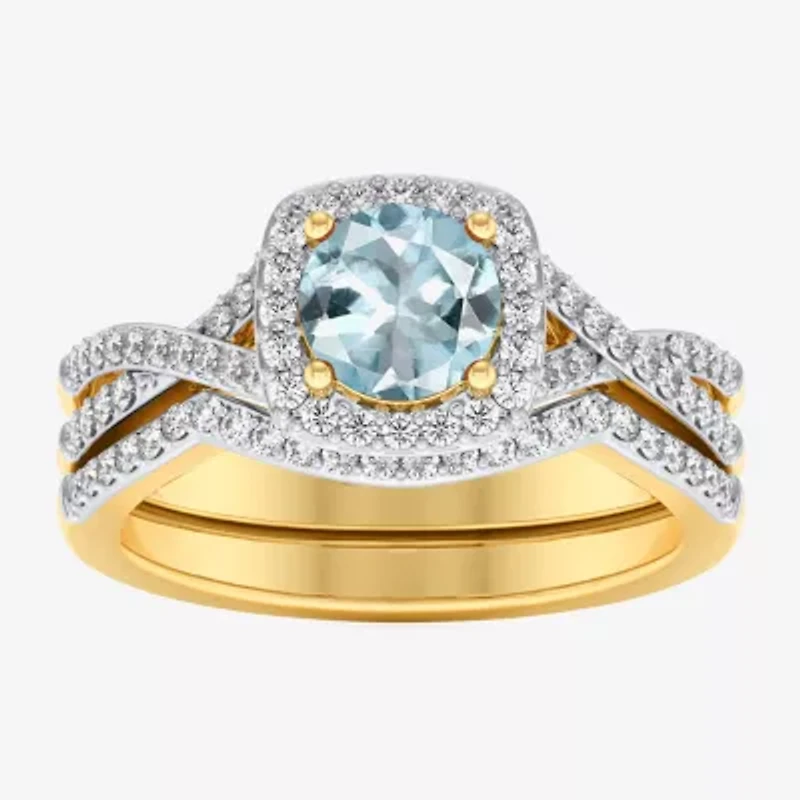 Modern Bride Gemstone and 1/2 CT. T.W. Lab-Grown Diamond 2-PC Cushion Halo Crossover Bridal Set 10K White or Yellow Gold