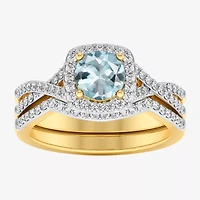 Modern Bride Gemstone and 1/2 CT. T.W. Lab-Grown Diamond 2-PC Cushion Halo Crossover Bridal Set 10K White or Yellow Gold