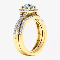 Modern Bride Gemstone and 1/2 CT. T.W. Lab-Grown Diamond 2-PC Cushion Halo Crossover Bridal Set 10K White or Yellow Gold