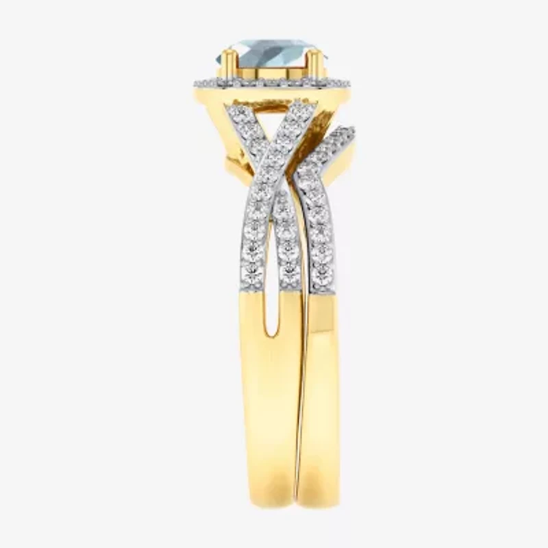 Modern Bride Gemstone and 1/2 CT. T.W. Lab-Grown Diamond 2-PC Cushion Halo Crossover Bridal Set 10K White or Yellow Gold