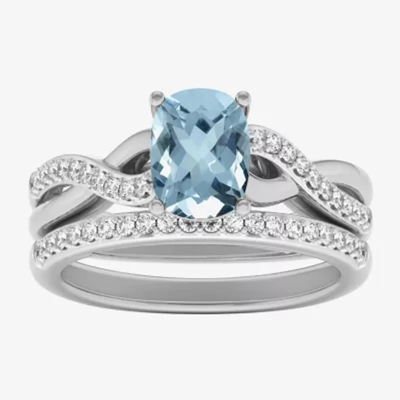 Modern Bride Gemstone Womens 1/3 CT. T.W. Genuine Blue Aquamarine 10K White Gold Cushion Side Stone Crossover Bridal Set