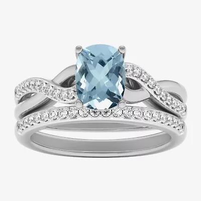 Modern Bride Gemstone Womens 1/3 CT. T.W. Genuine Blue Aquamarine 10K White Gold Cushion Side Stone Crossover Bridal Set