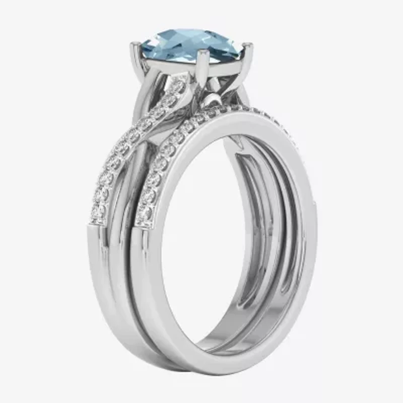 Modern Bride Gemstone Womens 1/3 CT. T.W. Genuine Blue Aquamarine 10K White Gold Cushion Side Stone Crossover Bridal Set