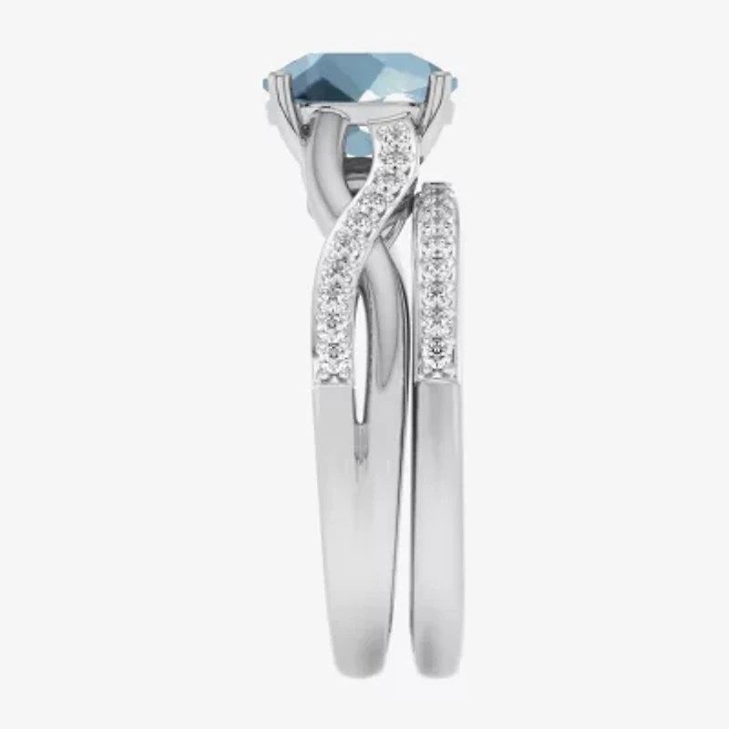 Modern Bride Gemstone Womens 1/3 CT. T.W. Genuine Blue Aquamarine 10K White Gold Cushion Side Stone Crossover Bridal Set