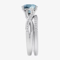 Modern Bride Gemstone Womens 1/3 CT. T.W. Genuine Blue Aquamarine 10K White Gold Cushion Side Stone Crossover Bridal Set