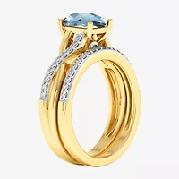 Modern Bride Gemstone Womens 1/3 CT. T.W. Genuine Blue Aquamarine 10K Gold Cushion Side Stone Crossover Bridal Set