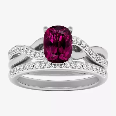 Modern Bride Gemstone Womens 1/3 CT. T.W. Genuine Red Garnet 10K White Gold Cushion Side Stone Crossover Bridal Set